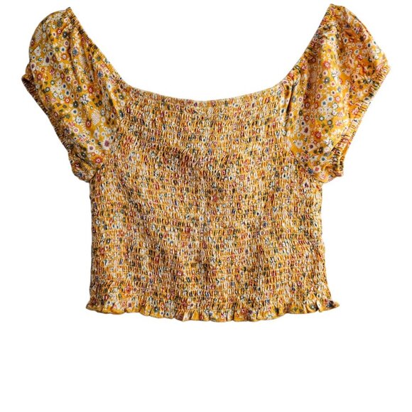 🏆Rue 21 New Floral Smocked Square Neck Y2K Yellow Crop top - Picture 1 of 5